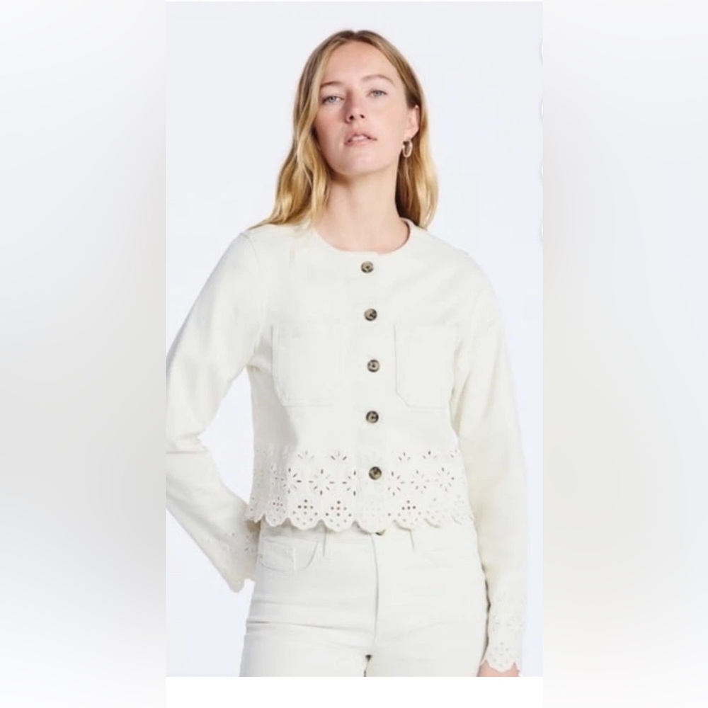 Free Assembly Embroidered Eyelet Detail Denim Jacket Cream/Ivory (L) NWT